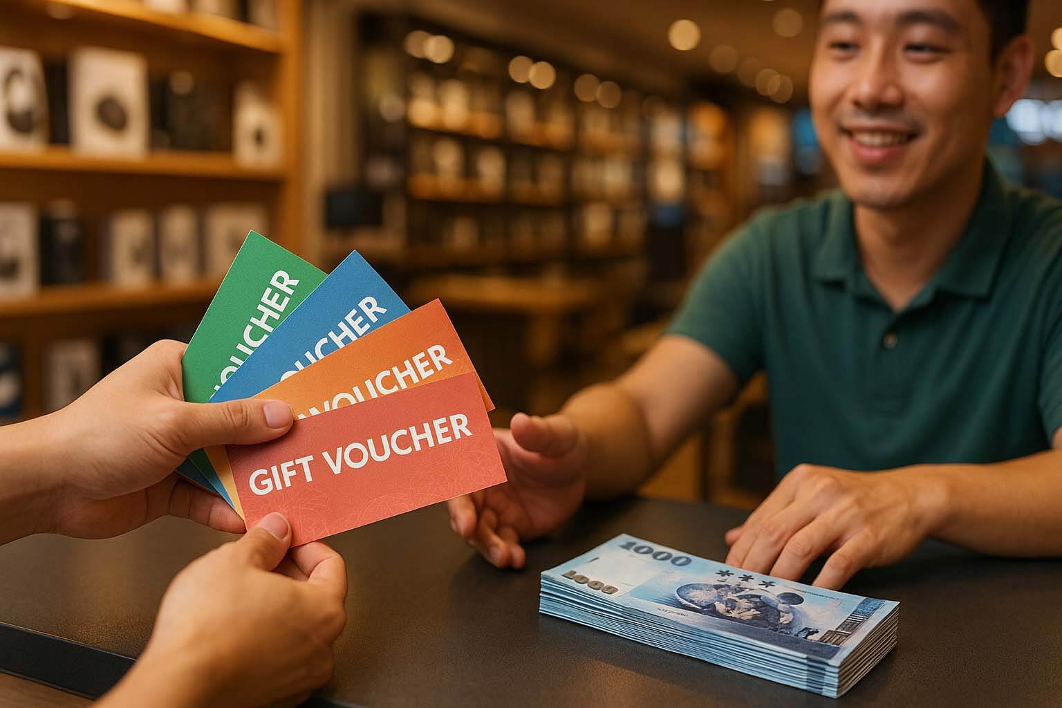 青蘋果3C 禮券收購:彩色 Gift Voucher 換取新台幣現金示意