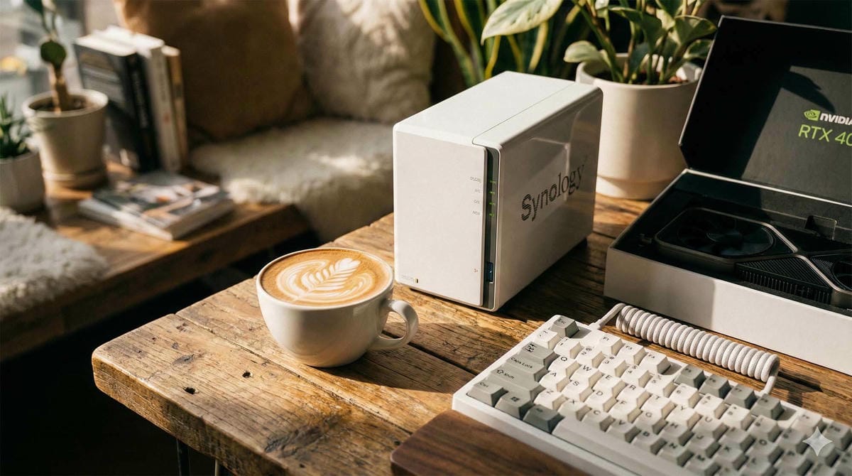 居家辦公室桌上的手沖咖啡、電腦零件與 Synology NAS (Home Office Desk with Pour-over Coffee, Computer Parts, and Synology NAS)