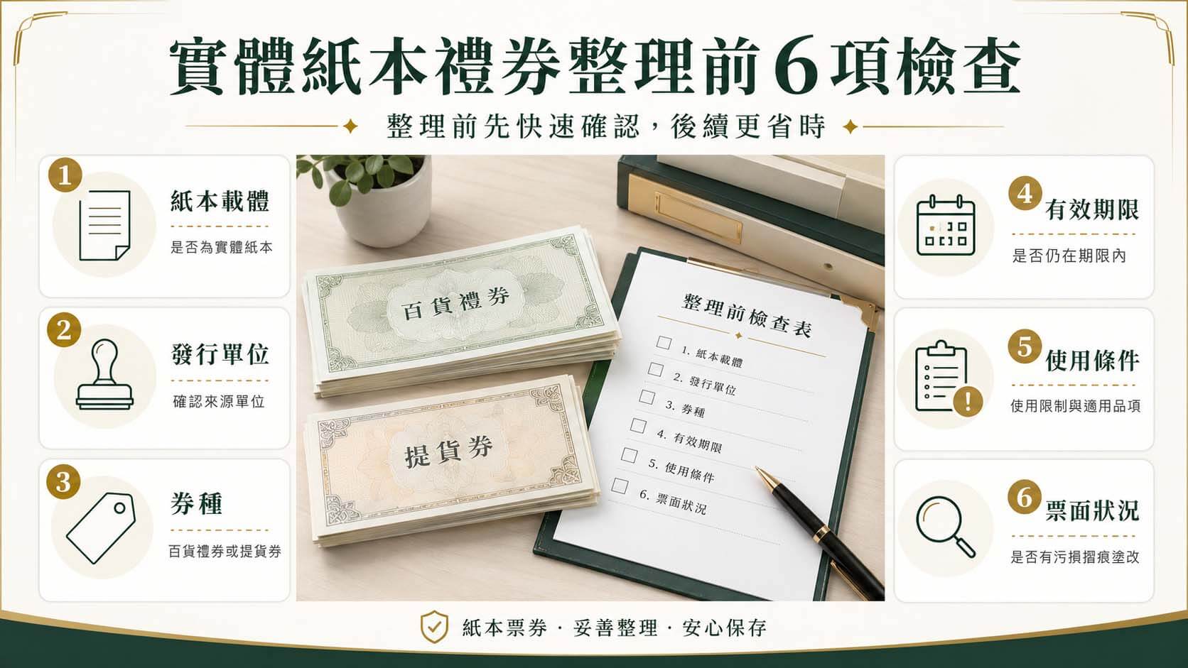 桌面上分類擺放多張實體紙本禮券與紙本提貨券，旁邊有發行單位、期限和票面狀況檢查表